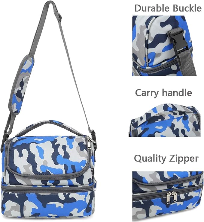 FlowFly Kids Double Decker Cooler Insulated Lunch Bag Large Tote for Boys, Girls, Men, Women, With Adjustable Strap, Blue Camo