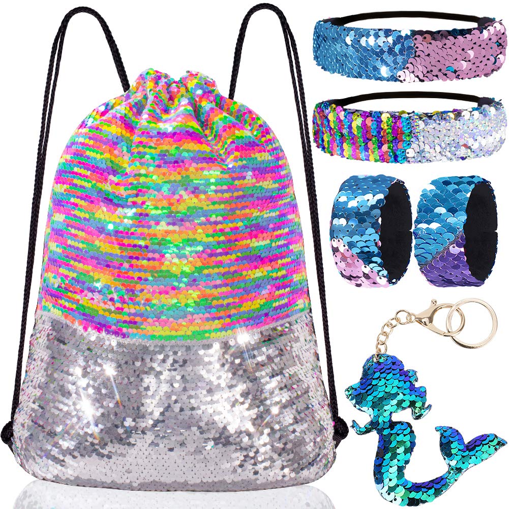 Mermaid Reversible Sequin Drawstring Backpack/Bag Rainbow/Silver for Kids Girls One_Size