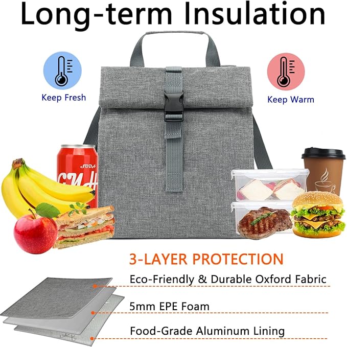 Insulated Lunch Bag for Men/Women/Kids, Roll top Reusable Lunch Box with Adjustable Shoulder Strap, Thermal Lunch Cooler Tote Container for Adults/Teens School Work Office Picnic,Grey