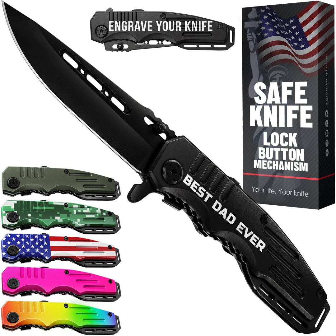 Pocket Knife ‘BEST DAD EVER’ - Folding Knife with Engraved Aluminum Handle 3.4-inch Sharp Blade - Cool Knives for Dad from Daughter Son - Best Present Father's Day - Gift for Him Husband Men 6681 BDE