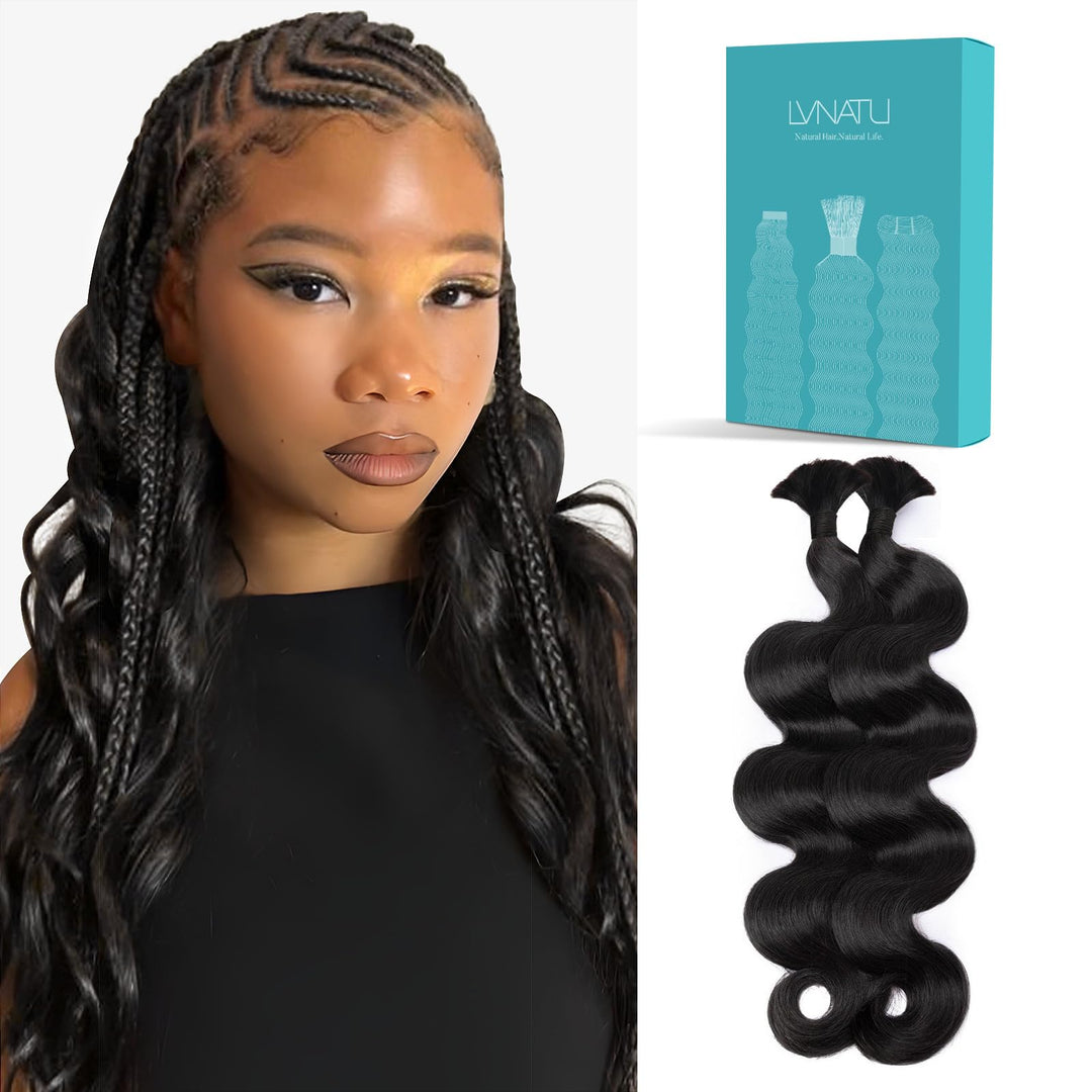 Lvnatu Body Wave Human Hair for Boho Knotless Braids Salon-Quality Braiding Bulk 2 Bundles No weft 16 Inch 100g Jet Black - for Stylists/Hairdresser