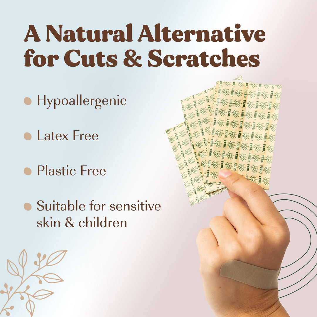 FEBU Eco-Friendly Organic Bamboo Fabric Bandages for Sensitive Skin | PFAS Free Flexible Latex Free Bandages | Natural Hypoallergenic Bandages for Scrapes, Cuts & First Aid | 75 Count Variety Pack