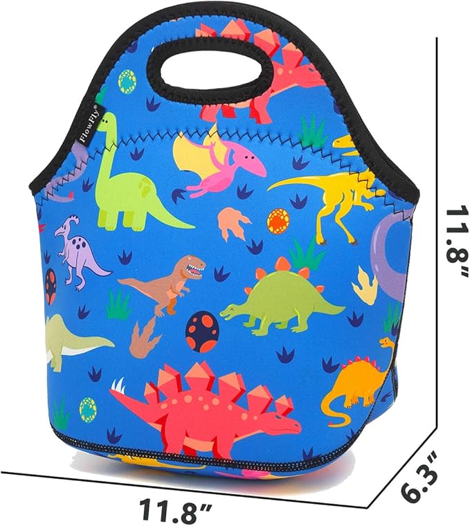 FlowFly Neoprene Kids Lunch box Insulated Soft Bag Mini Cooler Thermal Meal Tote Kit for Boys, Girls,Men,Women,School,Work, Office, Dinosaur
