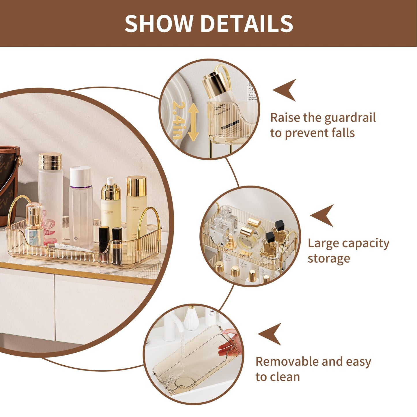 Bathroom Organiser Countertop Vanity Tray, Skincare Makeup Shelf for Cosmetics, Toiletries, Lotions, Perfumes (1 Tier, Amber)