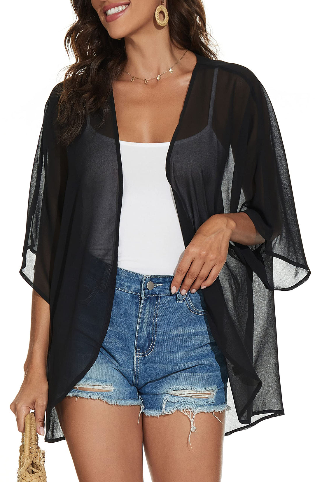 Women Summer Tops Kimono Cardigans Sheer Beach Cover Ups Chiffon Open Front Shirts (Black,S