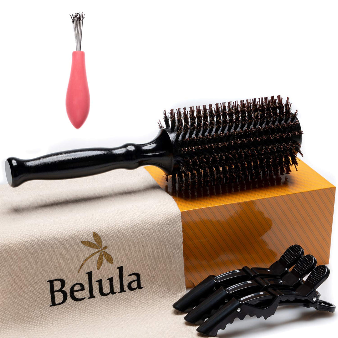 Belula Boar Bristle Round Brush for Blow Drying Set. Round Hair Brush With Medium 2.4'' Wooden Barrel. Hairbrush Ideal to Add Vo