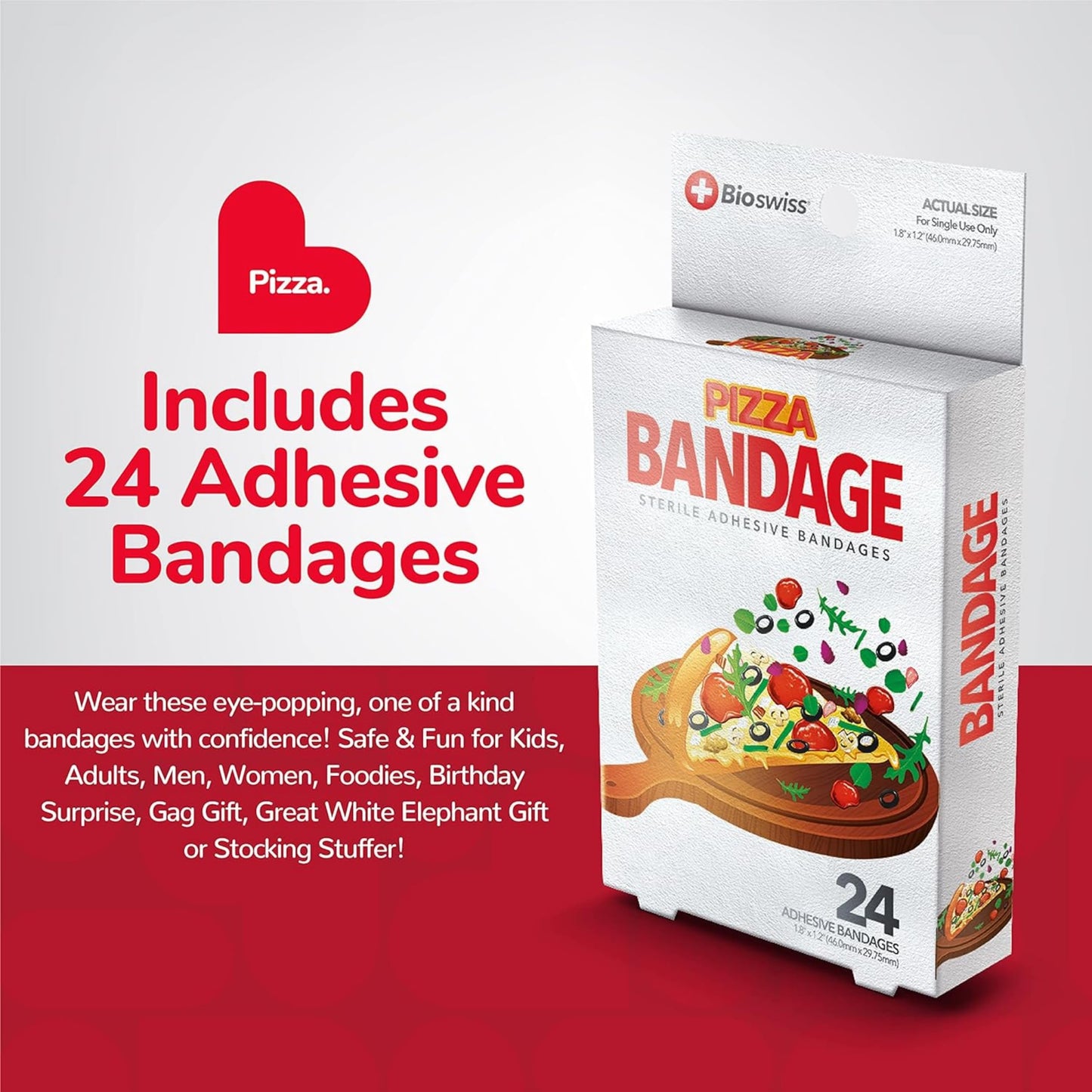 BioSwiss Bandages, Pizza Shaped Self Adhesive Bandages, Latex Free Sterile Wound Care, Fun First Aid Kit Supplies for Kids, 24 Count