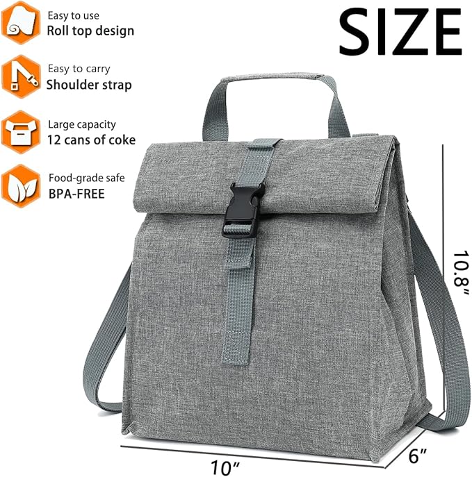Insulated Lunch Bag for Men/Women/Kids, Roll top Reusable Lunch Box with Adjustable Shoulder Strap, Thermal Lunch Cooler Tote Container for Adults/Teens School Work Office Picnic,Grey