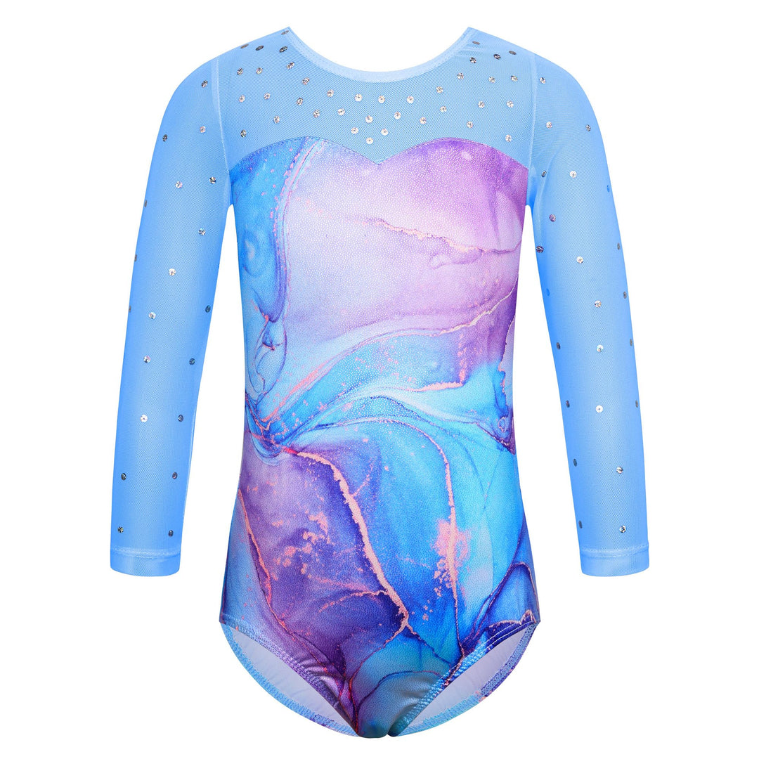 TFJH E Girls 3/4 Sleeve Gymnastic Leotard Ballet Dance Clothes Practice Outfits 3t 4t Blue Marble 4A