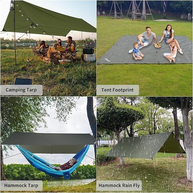 Hammock Rain Fly 10ร10FT - Waterproof Camping Tarp Portable Tent Tarp Premium Backpacking Tarp Sheleter with UV Protection Layer for Camping Hiking Outdoor(OdGrreen)
