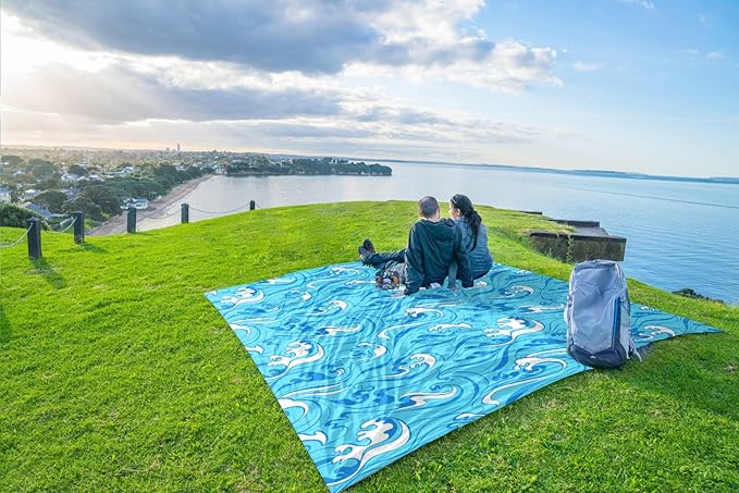 WEKAPO Beach Blanket Waterproof Sandproof Oversized Extra Large Sand Free Beach Mat with Stakes, Storage Bag - Essentials for Outdoor Beach, Picnic (Blue Ocean Waves, 11 X 9 FT (1~10 Person))