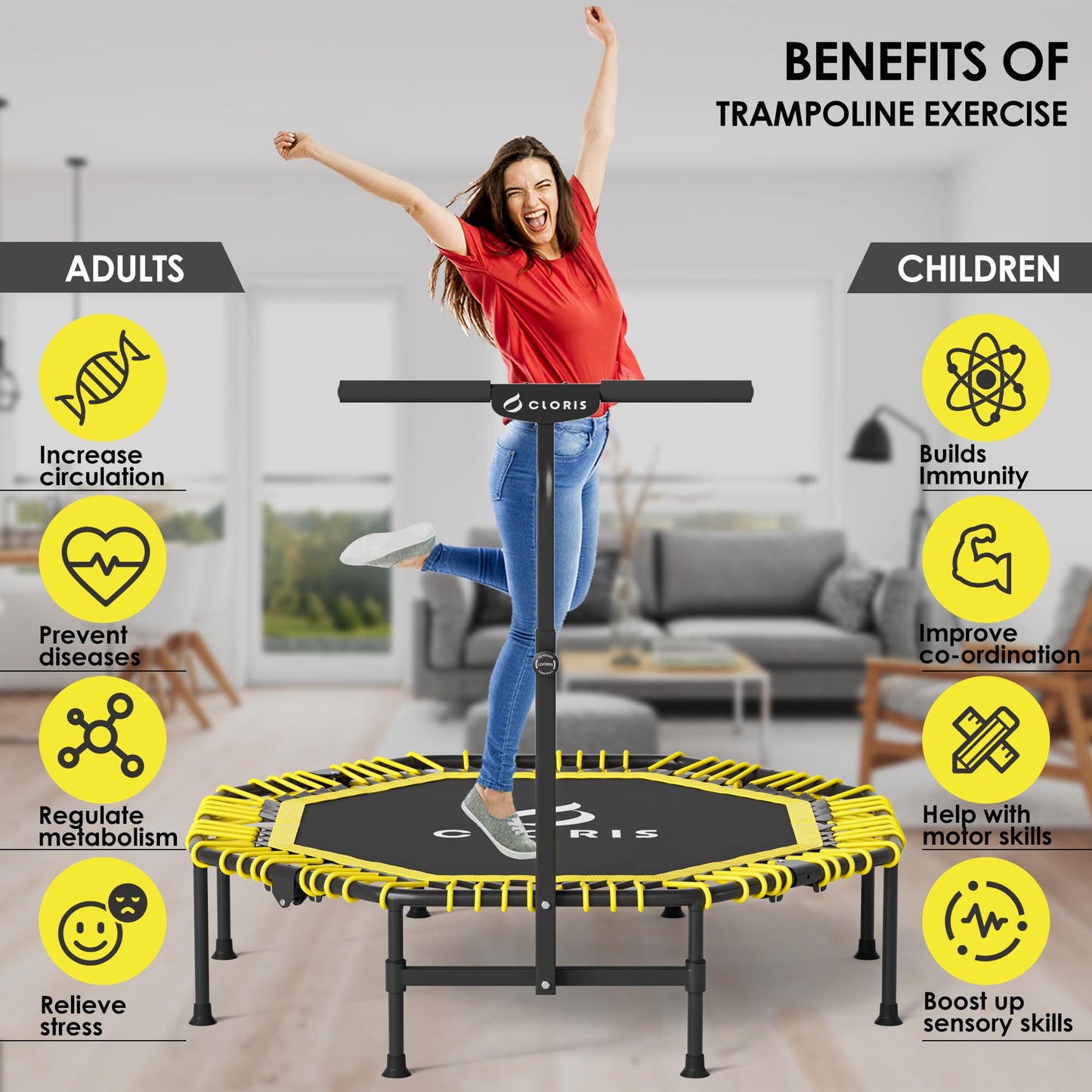 CLORIS 38in/40in/48in Folding Trampoline Mini Rebounder Fitness Trampoline with Adjustable Foam Handle for Kids/Adult, with safty Padded Cover Best Gift for Kids/Adult (Yellow)โฆ (48in-Yellow)