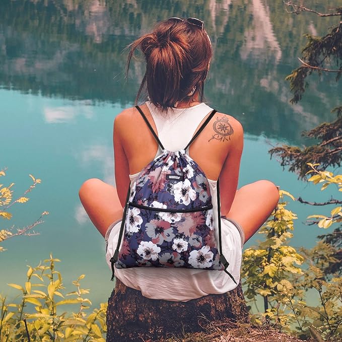 WANDF Drawstring Backpack String Bag Sackpack Cinch Water Resistant Nylon for Gym Shopping Sport Yoga (Blue Flower)