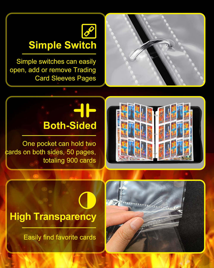 Card Binder 9 Pocket Holder 900 Cards Compatible with Game Cards, 3 Ring Trading Card Binder Album Case Book Storage TCG, CCG, MTG, YuGiOh, Baseball Cards, Gifts For Boys And Girls Ages 6-14