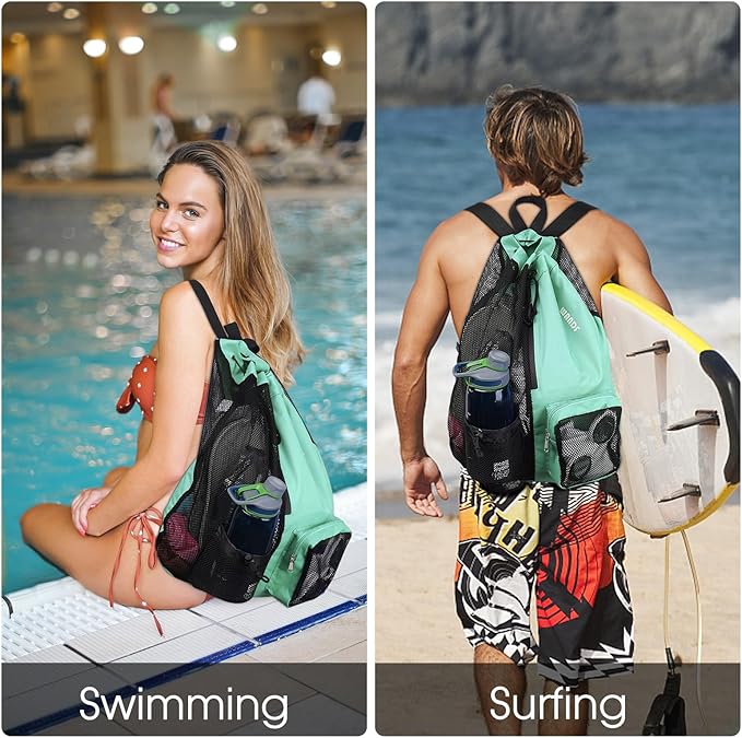 WANDF Swim Bag Mesh Drawstring Backpack with Wet Pocket for Swimming, Gym, and Workout Gear
