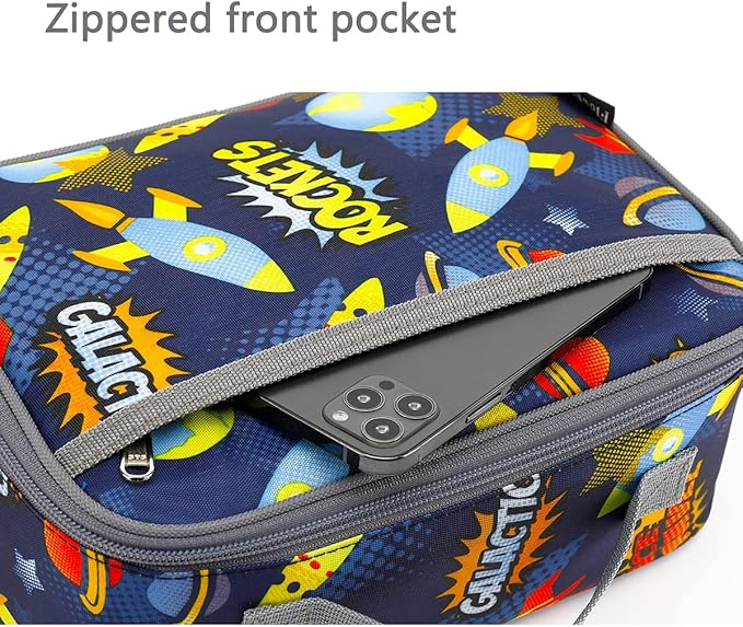 FlowFly Kids Lunch box Insulated Soft Bag Mini Cooler Back to School Thermal Meal Tote Kit for Girls, Boys, Outer Space Rocket Ships in Dark Navy Blue