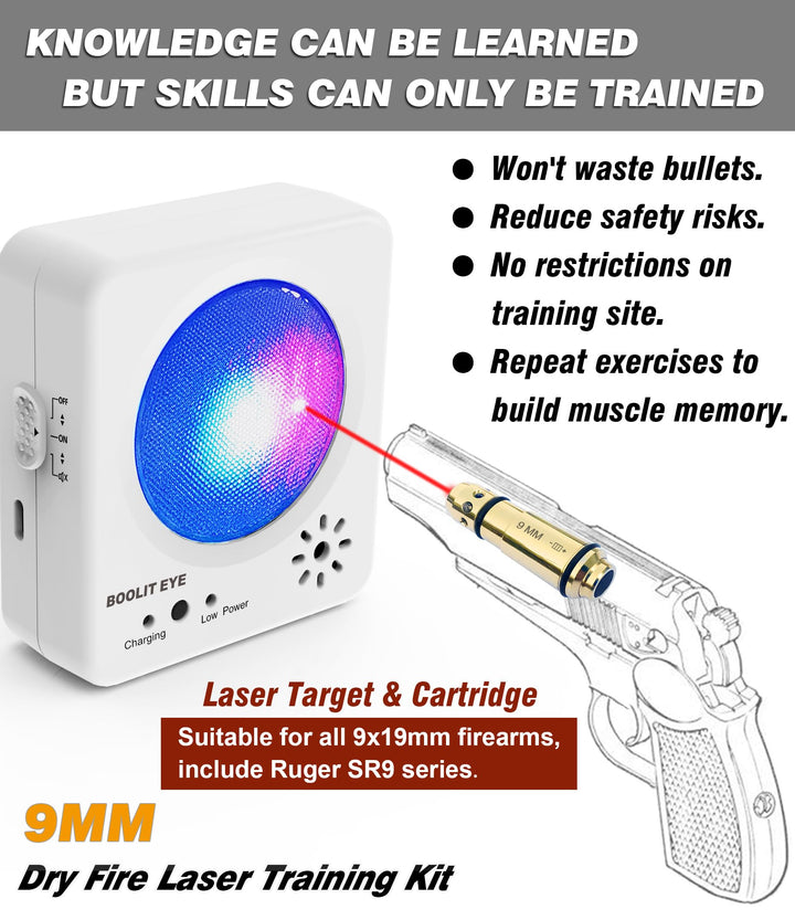 BOOLIT EYE 2nd Generation 9mm Dry Fire Training System, Laser Cartridge and Personal Electronic Target kit Safely Practice Steel Plate Sound and Flash Feedback