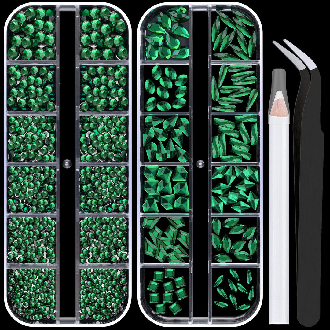 Nail Rhinestones 1560Pcs 2-5Mm Glass Dark Green Round Flatback And Multi Shape Crystal Shine Diamonds For Diy Crafts Nail Art