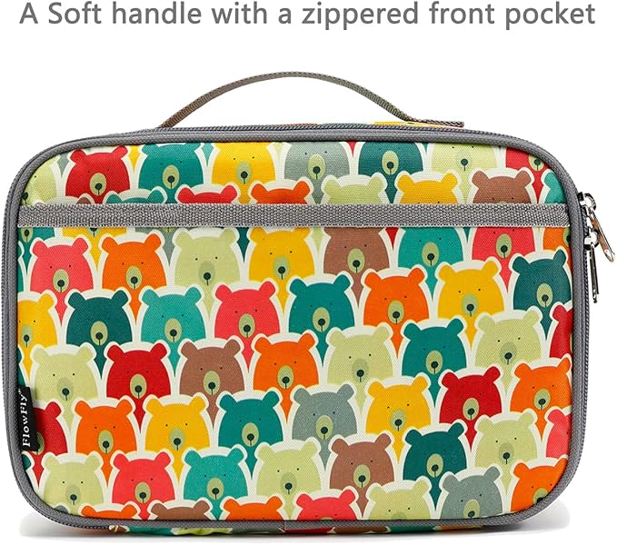 FlowFly Kids Lunch box Insulated Soft Bag Mini Cooler Back to School Thermal Meal Tote Kit for Girls, Boys, Bear