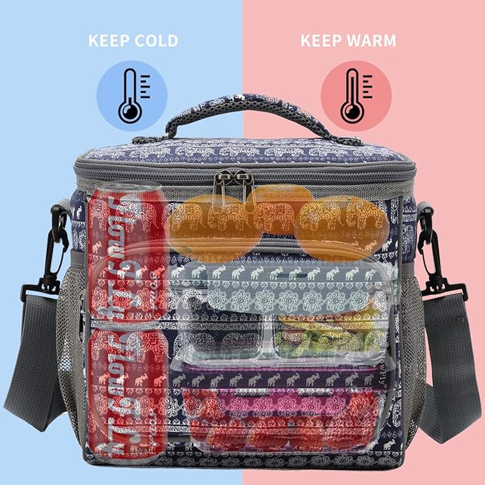 FlowFly Insulated Reusable Lunch Bag Adult Large Lunch Box for Women and Men with Adjustable Shoulder Strap,Front Zipper Pocket and Dual Large Mesh Side Pockets,Elephant