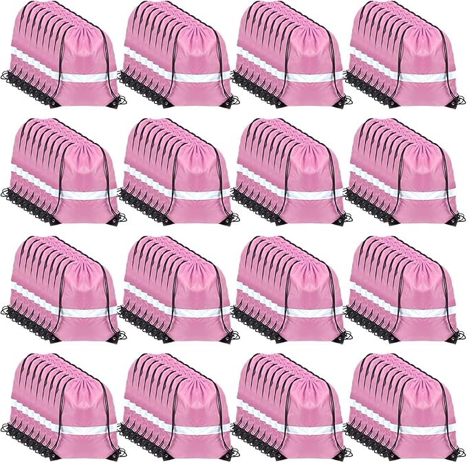 GoodtoU Drawstring Backpacks with Reflective Strip, Bulk Bags for Sport, Travel, Team (128Pcs, Pink)