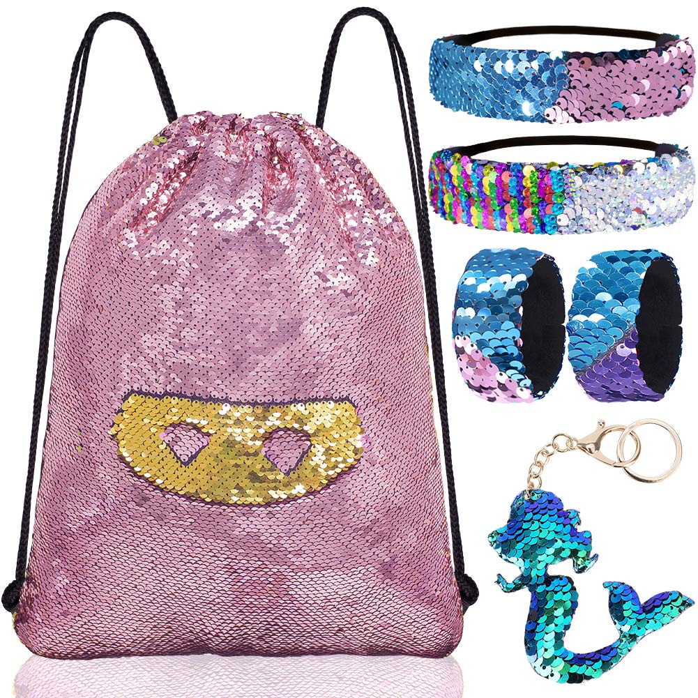 Mermaid Reversible Sequin Drawstring Backpack/Bag Gold/Pink for Kids Girls One_Size