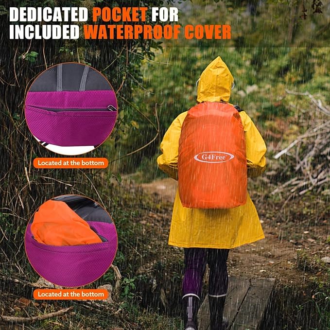 G4Free 35L Hiking Backpack Water Resistant Outdoor Sports Travel Daypack Lightweight with Rain Cover for Women Men(Rose Red)