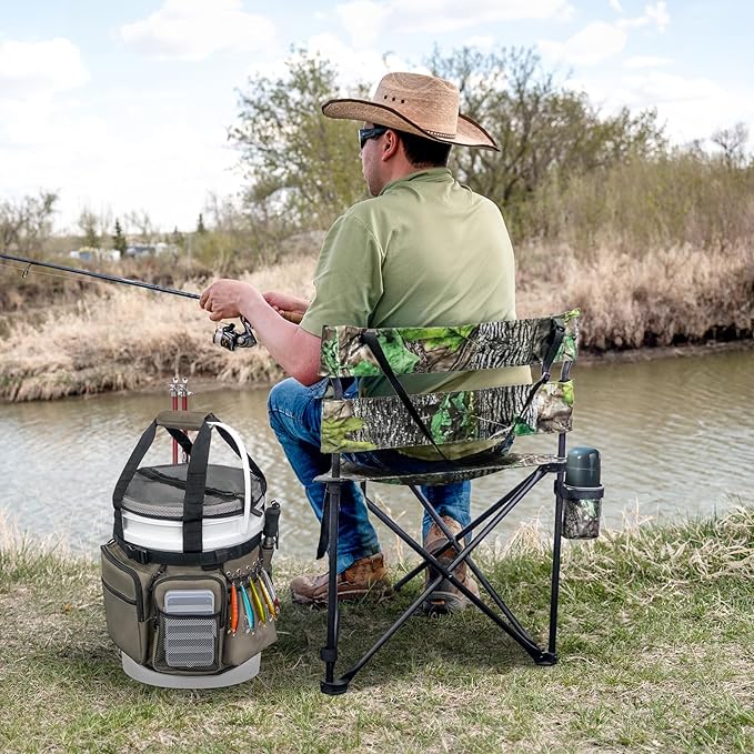 Fishing Bucket Organizer with Bucket Cover, Ice Fishing Tackle Bag with Rod & Plier Holder, Multi-Pockets for 5 Gallon Bucket Fishing Gear & Accessories