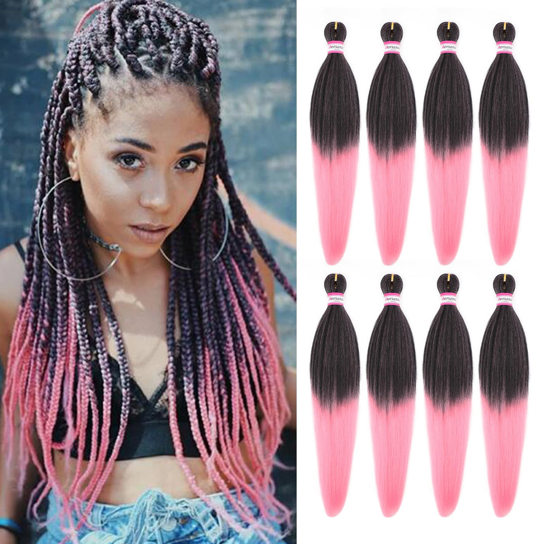 Dorsanee Ombre Pink Braiding Hair Pre Stretched 20 Inch 8 Packs Braiding Hair Extensions for Crochet Box Braids Twists Locs Hair Itch Free Soft Yaki Texture Hot Water Setting (20inch,#1B/Pink)