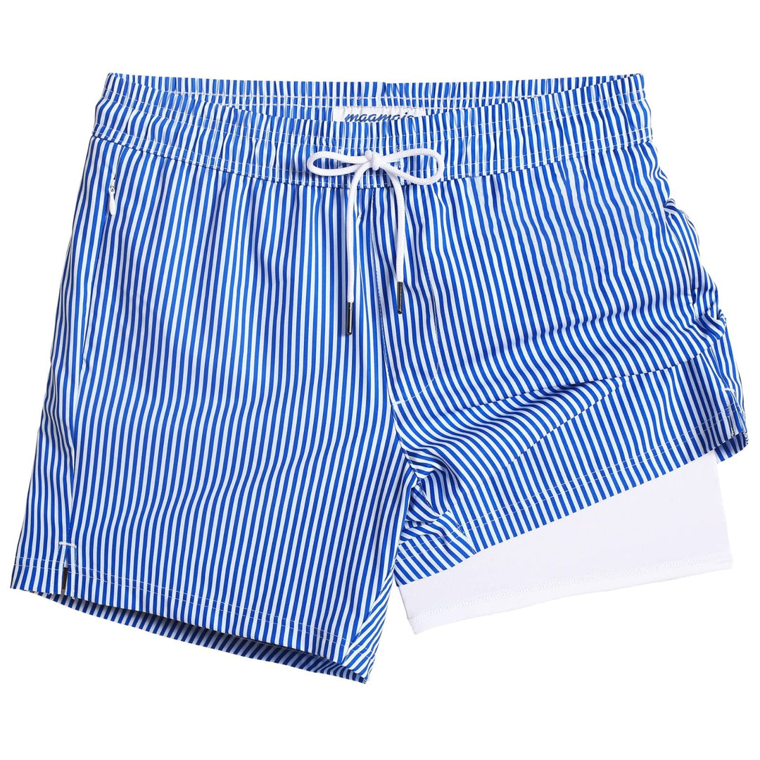 maamgic Mens Swim Trunks with Compression Liner 5" Stretch Beach Shorts Quick Dry with Zipper Pockets No-Chafing Board Shorts Blue White Stripe XS