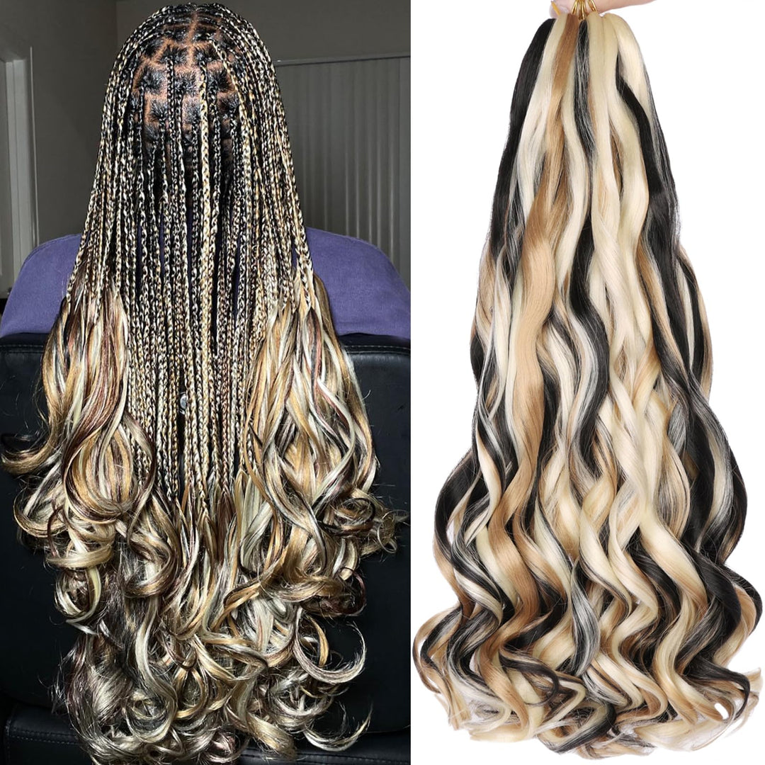 COOKOO 9 Packs French Curly Braiding Hair 22 Inch for Goddess Box Braids with Loose Wave Curly Ends Mix Black and Blonde Pre Stretched French Curls Synthetic Hair Extentions for Women P1B/27/613#