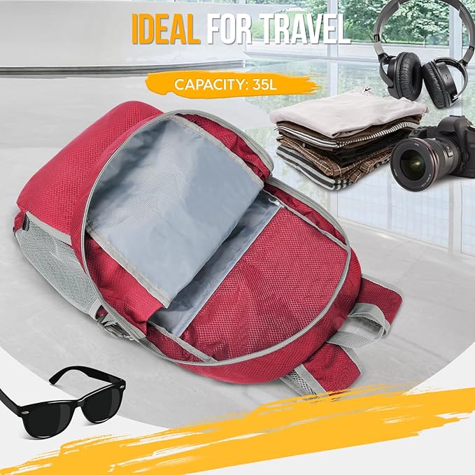 ZOMAKE Lightweight Packable Backpack 35L, Light Foldable Backpacks Water Resistant Collapsible Hiking Bag, Compact Folding Day Pack for Travel Camping(Red)
