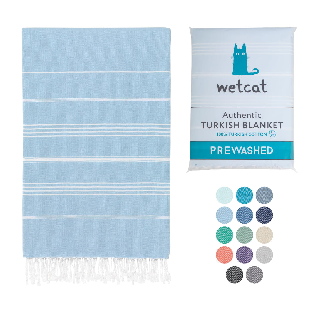 WETCAT Turkish Beach Blanket Sandproof 82x82, Soft 100% Turkish Cotton Blanket, Extra Large Sand Free Picnic Blankets & Beach Essentials – Light Blue