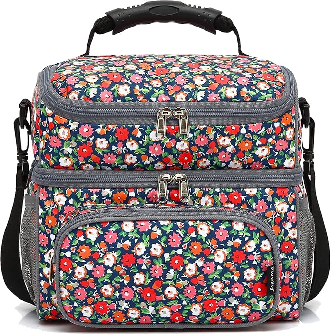 FlowFly Double Layer Cooler Insulated Lunch Bag Adult Lunch Box Large Tote Bag for Men, Women, With Adjustable Strap,Front Pocket and Dual Large Mesh Side Pockets