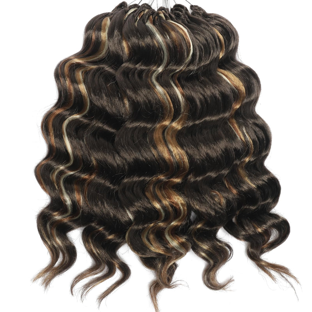 Brown Mixed Blonde Ocean Wave Crochet Hair Pre Looped 9 Inch Curly Braiding Ocean Wave Hair 7 Packs Deep Wave Short Wavy Ocean W