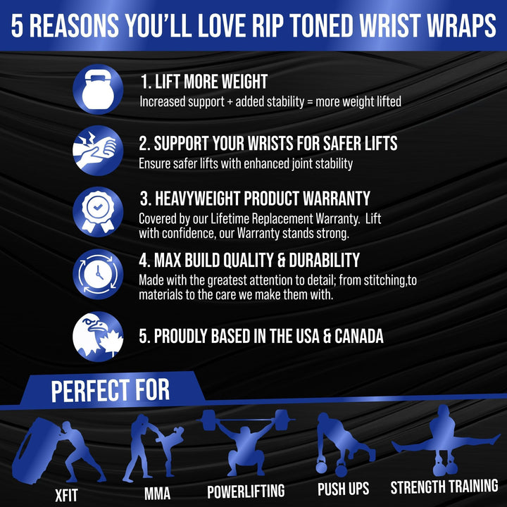 Rip Toned 18” Wrist Wraps - Wrist Straps for Weightlifting - Lift Better, Protect Wrist Pain - Adjustable, Durable, Machine Washable - Wrist Brace for Weightlifting - USPA Endorsed for Men & Women