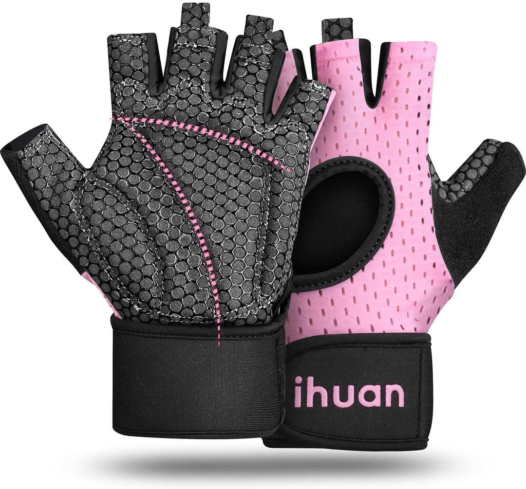 ihuan Breathable Weight Lifting Gloves: Fingerless Workout Gym Gloves Wrist Support Palm Protection Extra Grip for Fitness Rowing Pull-ups (Pink, XS)