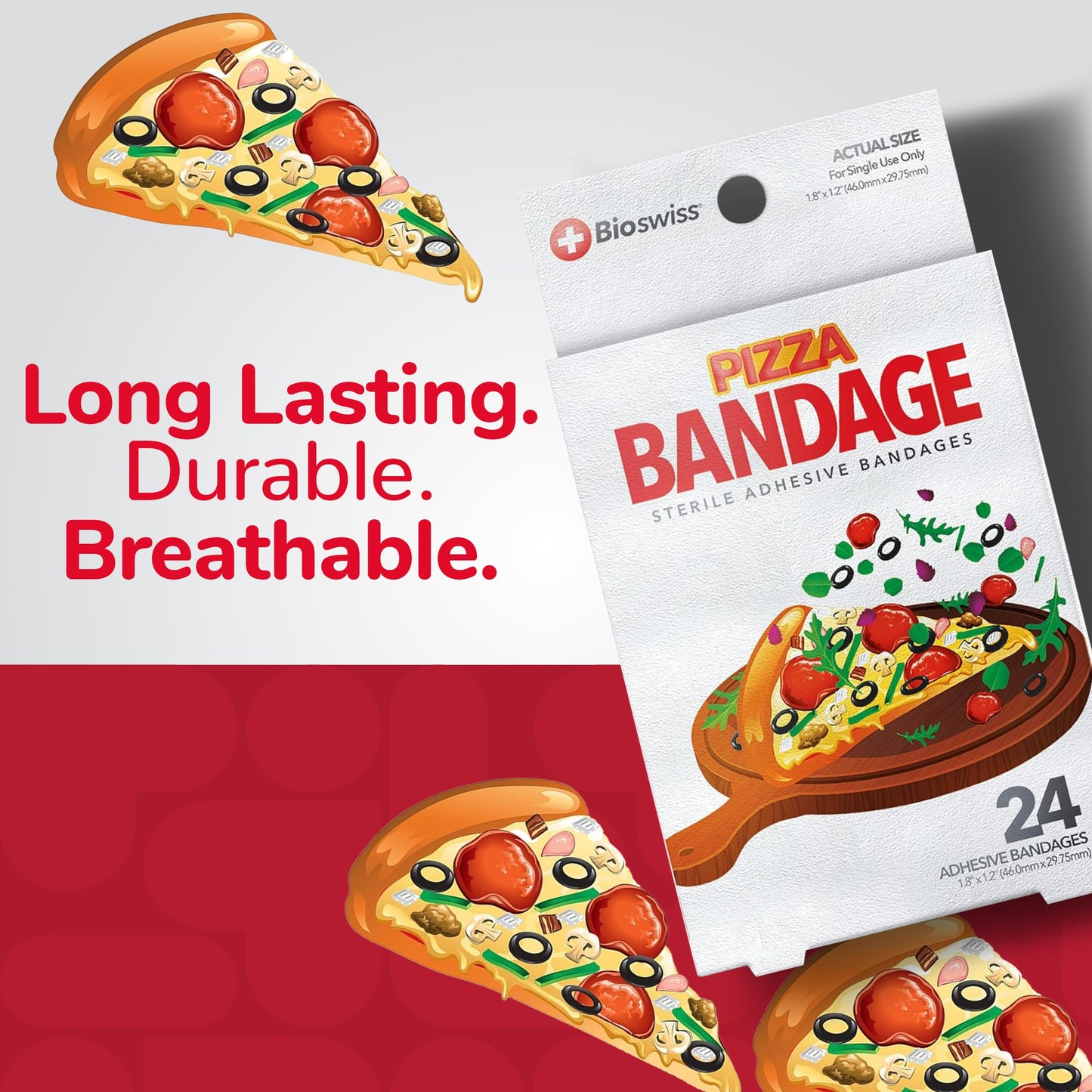 BioSwiss Bandages, Pizza Shaped Self Adhesive Bandages, Latex Free Sterile Wound Care, Fun First Aid Kit Supplies for Kids, 24 Count