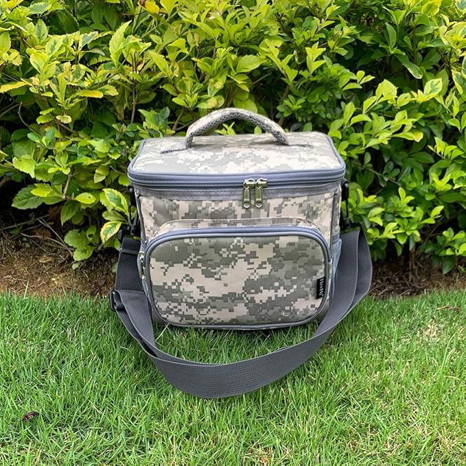 FlowFly Insulated Reusable Lunch Bag Adult Large Lunch Box for Women and Men with Adjustable Shoulder Strap,Front Zipper Pocket and Dual Large Mesh Side Pockets,DigitalCamo