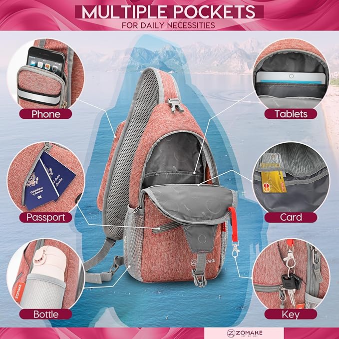 ZOMAKE Small Sling Bag, Travel Sling Backpack, Waterproof Hiking Cycling Crossbody pack for Men Women(Orange)