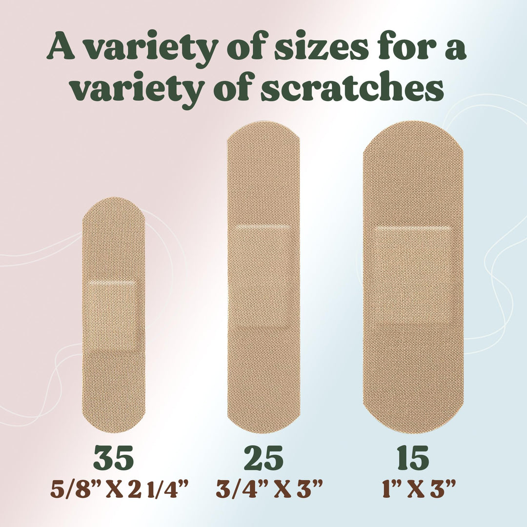 FEBU Eco-Friendly Organic Bamboo Fabric Bandages for Sensitive Skin | PFAS Free Flexible Latex Free Bandages | Natural Hypoallergenic Bandages for Scrapes, Cuts & First Aid | 75 Count Variety Pack