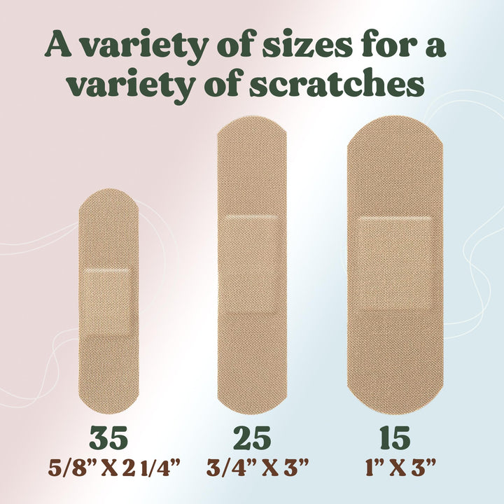 FEBU Eco-Friendly Organic Bamboo Fabric Bandages for Sensitive Skin | PFAS Free Flexible Latex Free Bandages | Natural Hypoallergenic Bandages for Scrapes, Cuts & First Aid | 75 Count Variety Pack