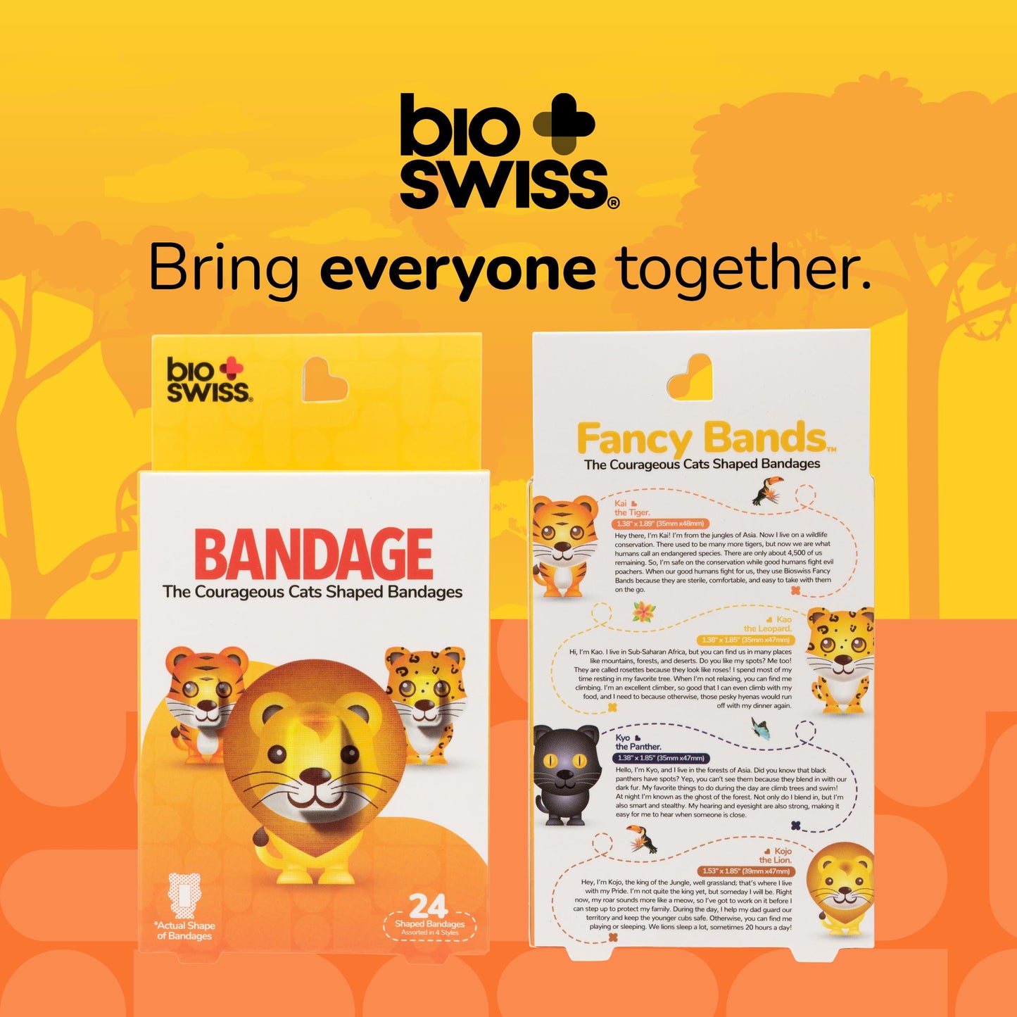 BioSwiss Bandages, Courageous Cats Shaped Self Adhesive Bandage, Latex Free Sterile Wound Care, Fun First Aid Kit Supplies for Kids and Adults, 24 Count