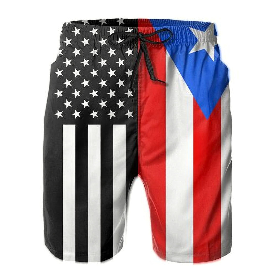 USA Puerto Rico Flag Men's Swim Trunks Beach Shorts Board Shorts with Pockets White