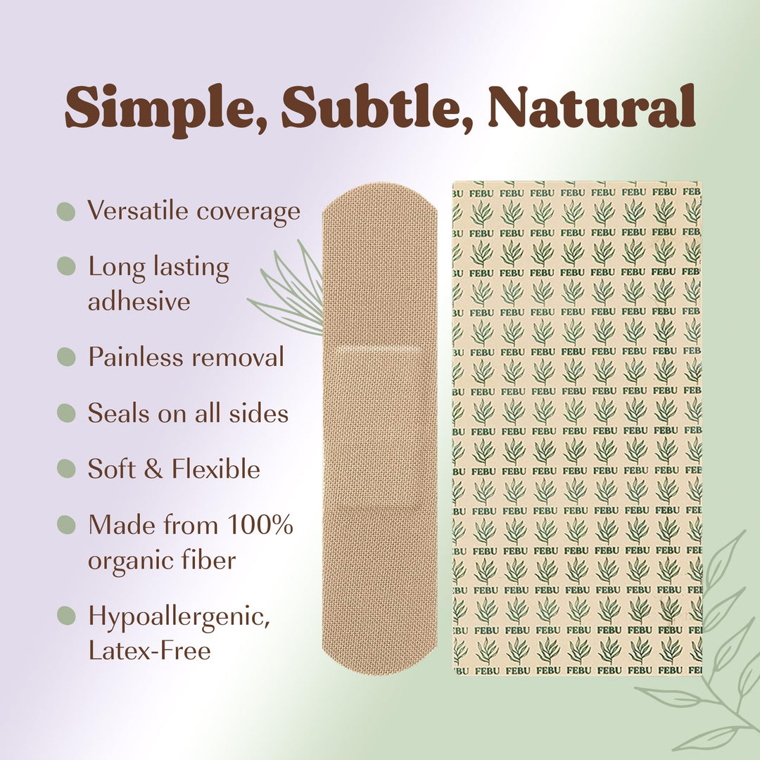 FEBU Eco-Friendly Organic Bamboo Fabric Bandages for Sensitive Skin | PFAS Free Flexible Latex Free Bandages | Natural Hypoallergenic Bandages for Scrapes, Cuts & First Aid | 75 Count Variety Pack
