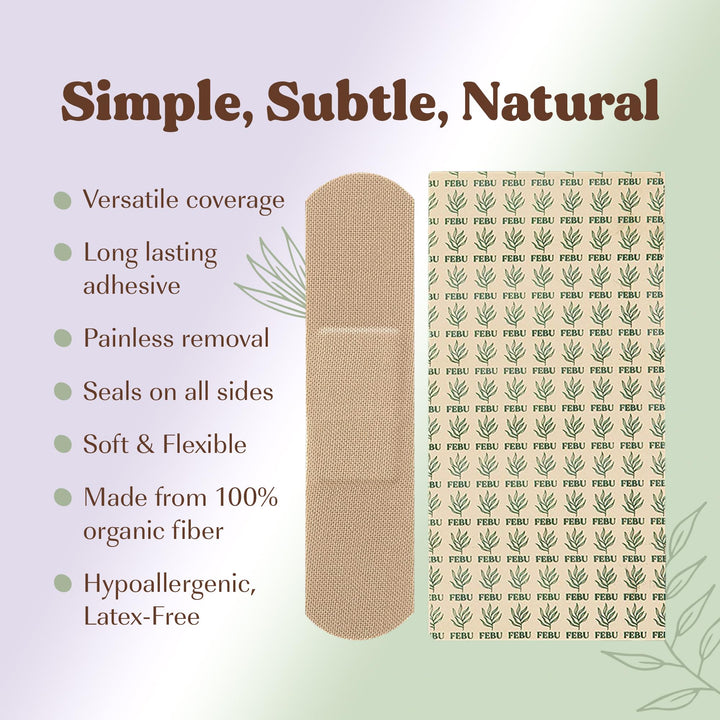 FEBU Eco-Friendly Organic Bamboo Fabric Bandages for Sensitive Skin | PFAS Free Flexible Latex Free Bandages | Natural Hypoallergenic Bandages for Scrapes, Cuts & First Aid | 75 Count Variety Pack