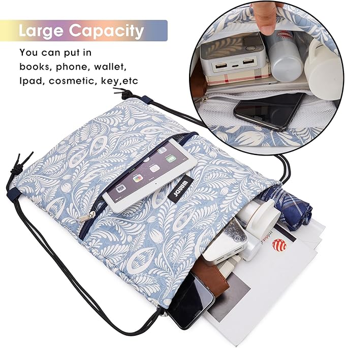 WANDF Drawstring Backpack String Bag Sackpack Cinch Water Resistant Nylon for Gym Shopping Sport Yoga (Light Blue Leaf with zipper)