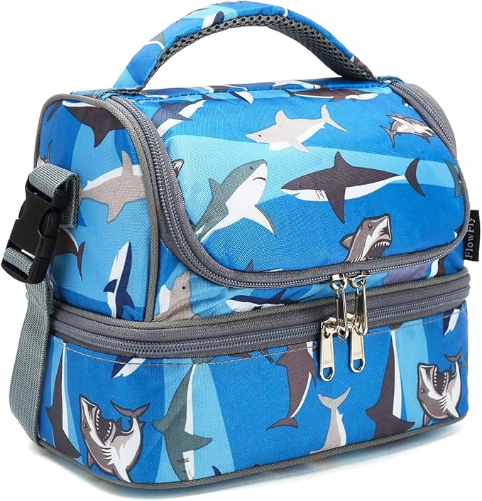 FlowFly Kids Double Decker Cooler Insulated Lunch Bag Large Tote for Boys, Girls, Men, Women, With Adjustable Strap, Shark