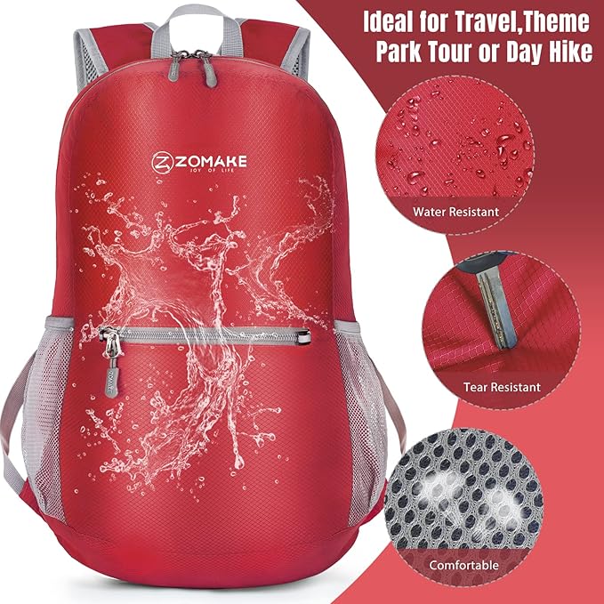 ZOMAKE Ultra Lightweight Hiking Backpack 20L, Packable Small Backpacks Water Resistant Daypack for Women Men(Bright Red)