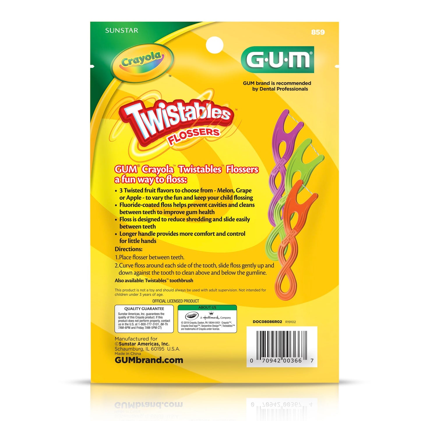 GUM Crayola Twistables Kids Flossers with Fluoride - Designed for Little Hands - Three Fun Fruit Flavors - Easy to Use Kids Floss Picks for Children Ages 3+, 90 Count